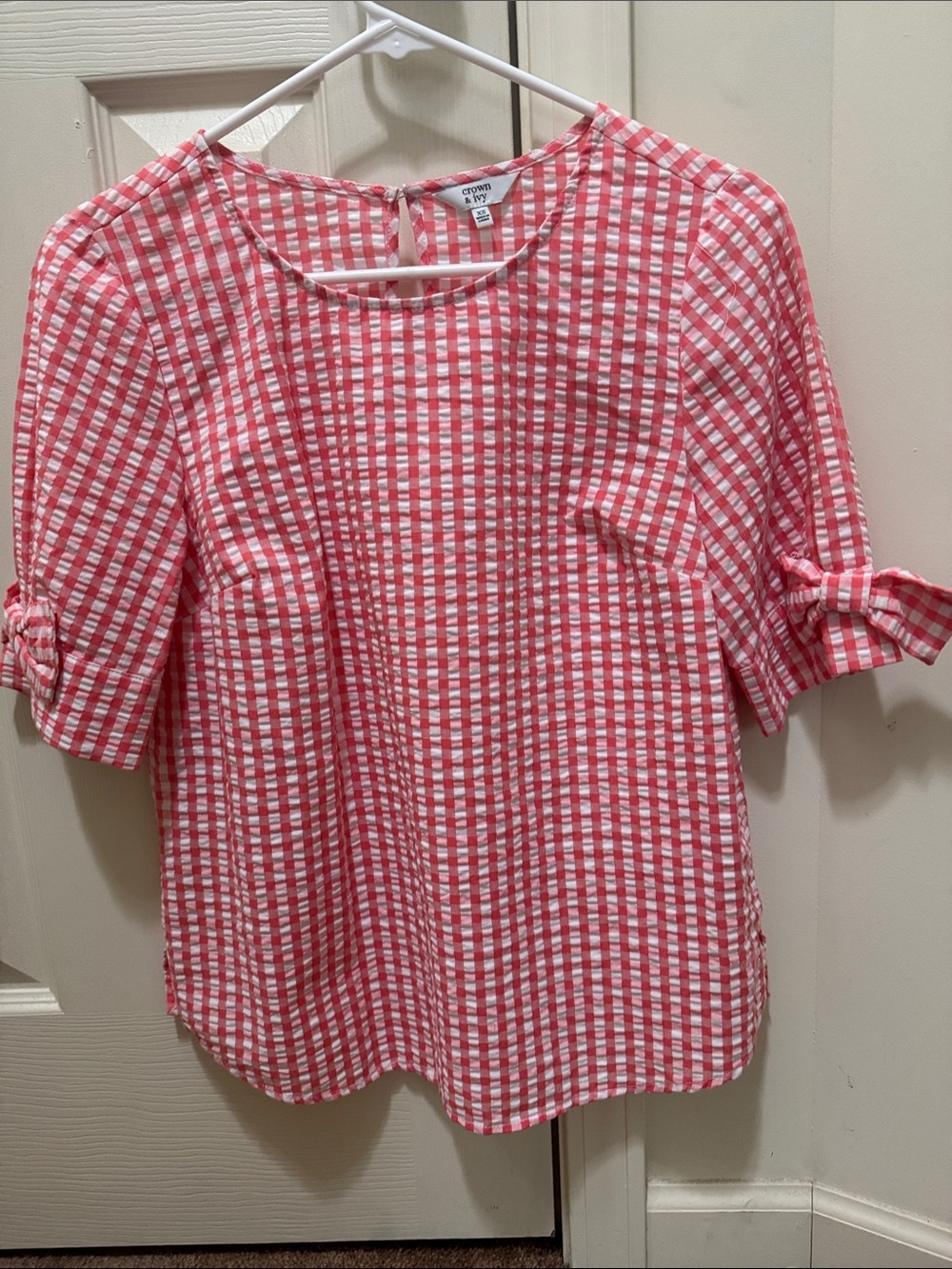 DARLING! Crown & Ivy Peachy-Pink Gingham Bow-Sleeve Blouse NWT XS